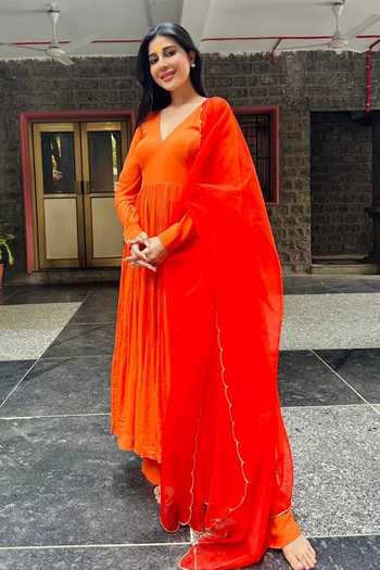 Buy_Harshita Singhvi_Orange Organza Embroidery, Cut Work V-neck Anarkali With Dupatta _at_Aza_Fashions