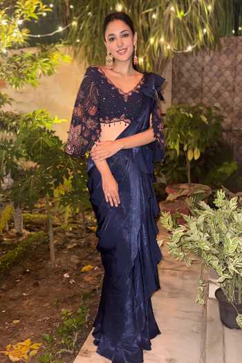 Buy_Shreeka_Blue Georgette, Satin, Silk Sequins, Embroidered Blouse With Pre-draped Saree _at_Aza_Fashions