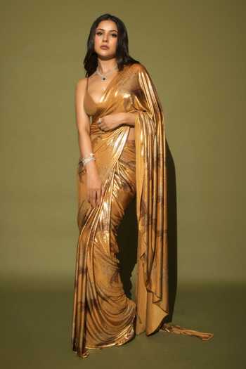 Buy_Masaba_Gold Lace, Georgette Masakali Print Saree With Unstitched Blouse Piece _at_Aza_Fashions