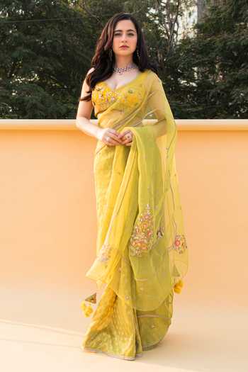 Buy_Shreeka_Green Organza, Dupion Sequins, Beads, Floral Embroidered Saree With Blouse _at_Aza_Fashions