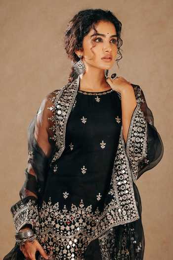 Buy_Gopi Vaid_Black Tussar, Net Mirrors, Zari Boat Neck Thread Embroidered Kurta Sharara Set _at_Aza_Fashions
