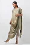 Kiran Uttam Ghosh_Beige Pleated Polyester Round Asymmetric Tunic  _Online_at_Aza_Fashions