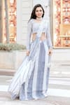 Buy_Vedika M_Blue Crepe Square Neck Pre-draped Saree With Blouse  _at_Aza_Fashions