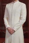 Shop_Sawan Gandhi_White Georgette And Raw Silk Embroidery Thread Chikankari Sherwani & Pant Set _at_Aza_Fashions