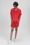 Buy_Terra Luna_Red 100% Linen Plain Palawan Camp Collar Shirt _at_Aza_Fashions