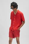 Terra Luna_Red 100% Linen Plain Palawan Camp Collar Shirt _Online_at_Aza_Fashions