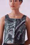 The Summer House_Black Pure Hand Marbled Silk Pattern Square Adelaide Crop Top  _at_Aza_Fashions