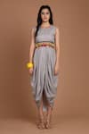 Buy_Preeti S Kapoor_Grey Crepe Round Printed Draped Dress With Cape _Online_at_Aza_Fashions