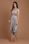 Shop_Preeti S Kapoor_Grey Crepe Round Printed Draped Dress With Cape _Online_at_Aza_Fashions