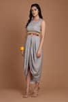 Buy_Preeti S Kapoor_Grey Crepe Printed Draped Dress With Cape_Online_at_Aza_Fashions