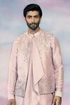 Rohit Gandhi + Rahul Khanna_Pink Viscose, Silk, Chanderi Geometric Embellished Bundi And Asymmetric Kurta Set _Online_at_Aza_Fashions