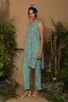 Shop_Samatvam By Anjali Bhaskar_Blue Cotton, Aloe Vera Fabric Round Embroidered Kurta Pant Set _at_Aza_Fashions