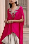 JAYANTI REDDY_Pink Silk V Neck Embellished Cape And Cowl Skirt Set  _Online_at_Aza_Fashions