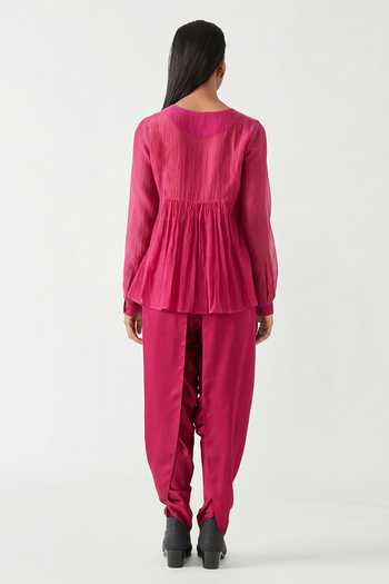 Shop_Payal Pratap_Pink Cotton Silk Round Torres Smocking Top _at_Aza_Fashions