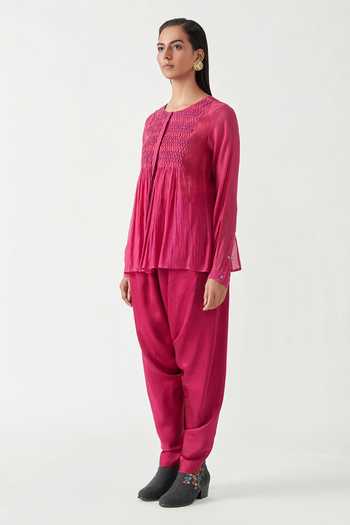 Buy_Payal Pratap_Pink Cotton Silk Round Torres Smocking Top _Online_at_Aza_Fashions
