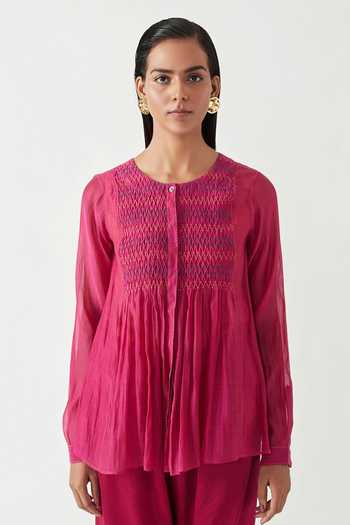 Shop_Payal Pratap_Pink Cotton Silk Round Torres Smocking Top _Online_at_Aza_Fashions