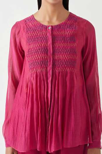Payal Pratap_Pink Cotton Silk Round Torres Smocking Top _at_Aza_Fashions