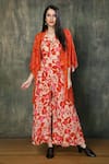 Shop_Whimsical By Shica_Orange Crepe V-, Open Floral Print Jumpsuit With Jacket _at_Aza_Fashions