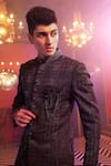 Shop_Kora By Nilesh Mitesh_Black Silk Geometric Patterns Embellished Jodhpuri Sherwani Set_at_Aza_Fashions