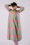 Shop_Tussah By Siddhi Shah_Grey Cotton Printed Checkered V Neck Kurta  _at_Aza_Fashions