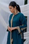 Shop_Daljit Sudan_Blue Crepe Embroidery Kashmiri Tilla Band Front Drape Phiran Kurta Pant Set _at_Aza_Fashions