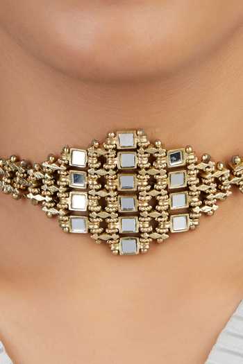 Shop_House Of Tuhina_Gold Plated Mirror Studded Falak Teer Choker _at_Aza_Fashions