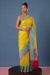 Shop_Ekaya Banaras_Yellow Organza Handwoven Floral Patterns Banarasi Kadwa Saree  _at_Aza_Fashions