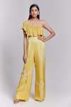 Shop_Suruchi Parakh_Yellow Crepe Embroidered Cutdana One Shoulder Ruffled Jumpsuit _at_Aza_Fashions