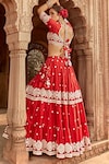 Shop_PREEVIN_Red Lehenga And Blouse Cotton Mulmul Embroidered Mirrorwork Tiered Set _at_Aza_Fashions