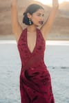 Shop Sahil Kochhar Maroon Organza Embroidered Tonal Work Plunge V Neck Tamanna Gown at Aza Fashions Shop_Sahil Kochhar_Maroon Organza Embroidered Tonal Work Plunge V Neck Tamanna Gown _at_Aza_Fashions