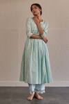 Shop_Label Mansi Nagdev_Blue Anarkali Cotton Notched Round Neck Gauri Embroidered Yoke Set _at_Aza_Fashions