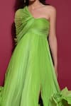 Shop_Labelamoda_Green Flat Chiffon Plain Asymmetric Pleated Flared Gown  _at_Aza_Fashions