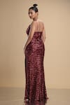 Shop_Kommal Sood_Maroon Lycra Stretch Net Embroidered Sequins V Neck Spaghetti Gown  _at_Aza_Fashions