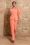 Shop_B'Infinite_Coral Crepe One Shoulder Top And Trouser Set_at_Aza_Fashions