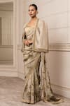 Shop_Tarun Tahiliani_Gold Silk Velvet Printed Floral Pattern Front Open Cape _at_Aza_Fashions