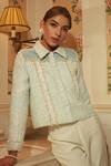 Shop_Label Deepika Nagpal_Blue Tweed, Lining Taffeta, Suede Pearl Work Checkered Embellished Crop Jacket_at_Aza_Fashions