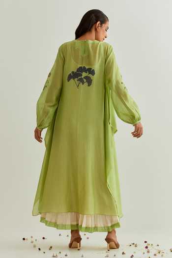 Shop_Prama By Pratima Pandey_Green Chanderi Embroidery Round Neck Floral Print Dress With Inner _at_Aza_Fashions