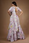 Vana Ethnics_Purple Viscose Printed Botanical V Neck Vintage Pre-draped Saree With Blouse _Online_at_Aza_Fashions