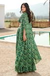 Shop_Basanti - Kapde Aur Koffee_Green Georgette Print Leaf V Neck Cluster Cape And Skirt Set _at_Aza_Fashions