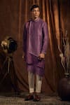 Shop_More Mischief_Purple Raw Silk Embroidered Thread And Band Collar Layered Kurta Set  _at_Aza_Fashions