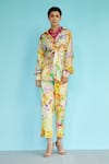 Shop_Garima Bindal_Multi Color Crepe Sequins Shawl Neck, Daisy Floral Print Shirt And Pant Set _at_Aza_Fashions