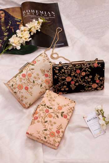 Shop_AMYRA_Cream Embroidery Floral Creeper Pattern Box Clutch _at_Aza_Fashions