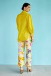 Shop_Garima Bindal_Yellow Poplin, Modal Sequins, Applique Shawl Neck Sunshine 3d Shirt And Pant Set _at_Aza_Fashions