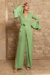 Shop_B'Infinite_Green Crepe Lapel Collar Overlapped Blazer Jumpsuit _at_Aza_Fashions