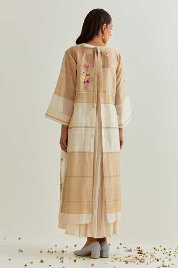 Shop_Prama By Pratima Pandey_Beige Chanderi Embroidery Round Neck Floral Block Print Dress With Inner _at_Aza_Fashions
