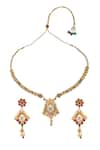 Shop_Samyukta Singhania_Gold Plated Carved And Stone Embellished Long Necklace Set _at_Aza_Fashions