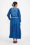 Shop_Jayati Goenka_Blue Cotton Handblock Print Checks Band Collar Tiered Panelled Dress _at_Aza_Fashions