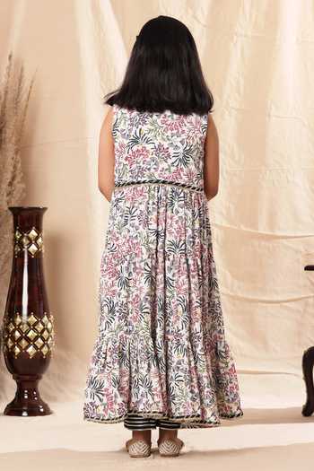 Shop_Littlecheer_White Modal, Cotton, Viscose Lace Kurta Set With Printed Shrug _at_Aza_Fashions