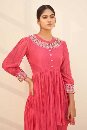 Shop_Hirika & Dhruti_Red Chanderi, Crepe Embroidery Round Neck High Low Kurta And Pant Set _at_Aza_Fashions