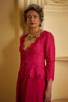 Mrunalini Rao_Pink Silk Embroidery Plunge Neck Cherry Blossom Jacket And Ruffle Skirt Set _Online_at_Aza_Fashions